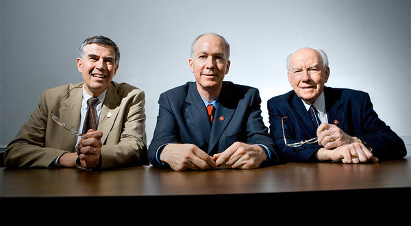 HOUSE PHYSICISTS From left, Representative Rush Holt of New Jersey; Bill Foster of Illinois, who is seeking to reclaim his seat; and Vernon Ehlers of Michigan, who retired this year. Dr. Foster and Dr. Ehlers formed Ben Franklin's List [image courtesy NYTimes.com].